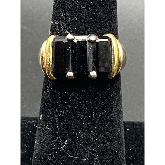 Pranda sterling silver 925 3 emerald cut onyx gold vermeil ring - Picture 3 of 9